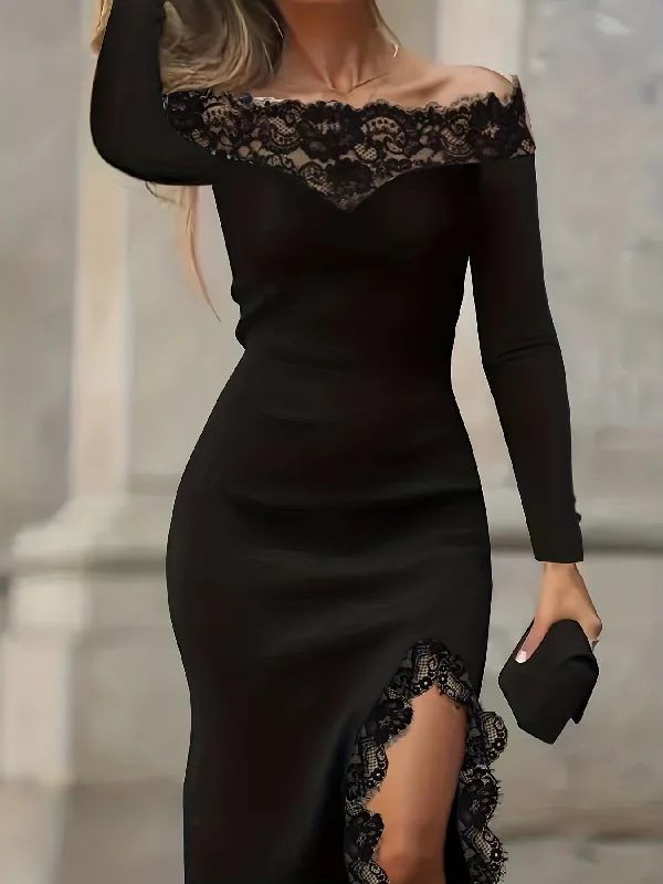 Weekend Deal Sixsr Contrast Lace Off-shoulder Dress, Chic Long Sleeve Split Hem Slim Dress, Women's Clothing Weekend Deal Sixsr Contrast Lace Off-shoulder Dress, Chic Long Sleeve Split Hem Slim Dress, Women's Clothing