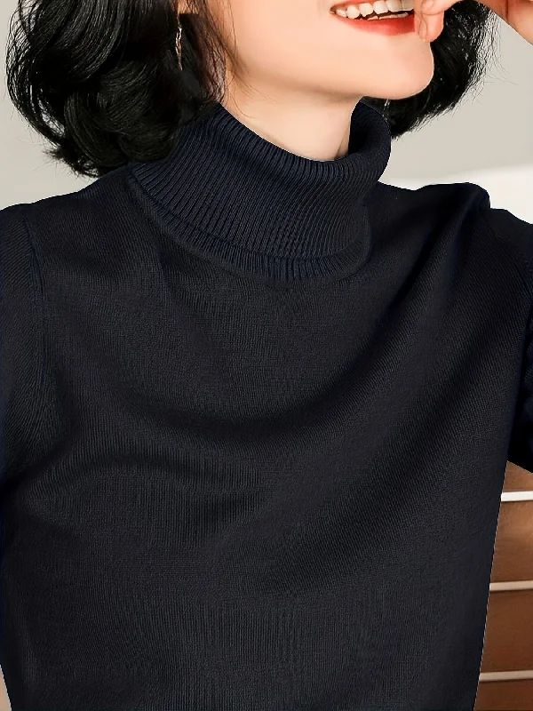Hurry In Sixsr Solid Turtle Neck Slim Pullover Sweater, Casual Long Sleeve Sweater For Fall & Winter, Women's Clothing Hurry In Sixsr Solid Turtle Neck Slim Pullover Sweater, Casual Long Sleeve Sweater For Fall & Winter, Women's Clothing