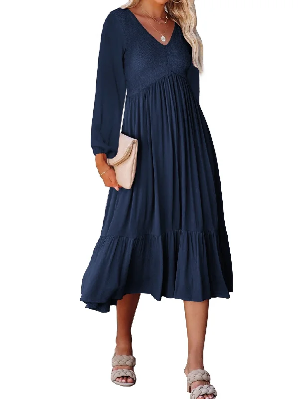 Great Bargain Sixsr Casual Solid Draped Midi Dress, Sexy Long Sleeve V-neck Loose Flowy Swing Babydoll Dresses, Women's Clothing Great Bargain Sixsr Casual Solid Draped Midi Dress, Sexy Long Sleeve V-neck Loose Flowy Swing Babydoll Dresses, Women's Clothing