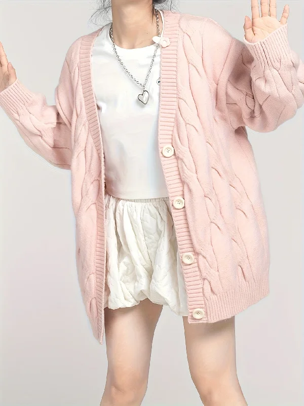 Weekend Savings Spectacular Sixsr Solid Button Front Cable Knit Cardigan, Cute Long Sleeve Drop Shoulder Outwear, Women's Clothing Weekend Savings Spectacular Sixsr Solid Button Front Cable Knit Cardigan, Cute Long Sleeve Drop Shoulder Outwear, Women's Clothing