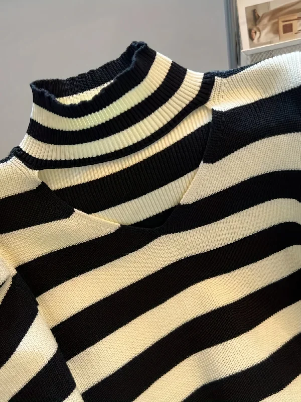 Epic Value Sixsr Striped Turtle Neck Cut Out Sweater, Casual Long Sleeve Sweater For Spring & Fall, Women's Clothing Epic Value Sixsr Striped Turtle Neck Cut Out Sweater, Casual Long Sleeve Sweater For Spring & Fall, Women's Clothing