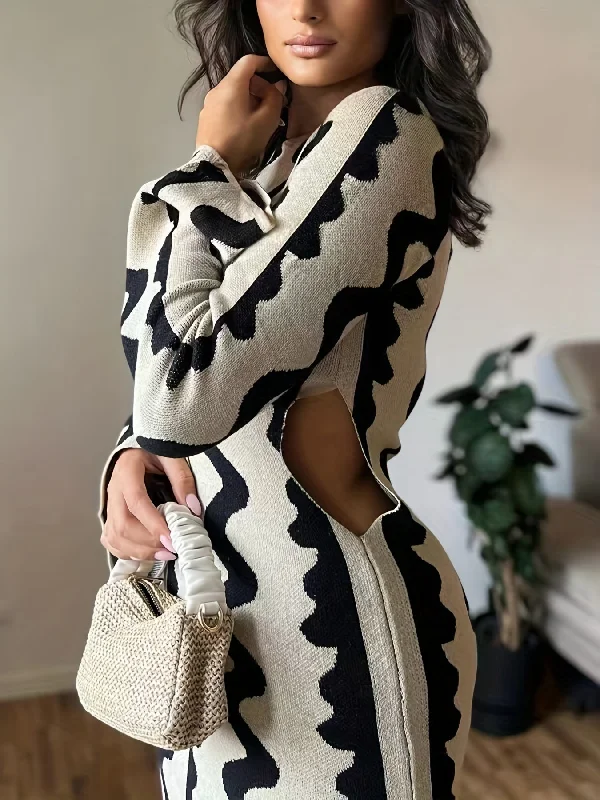 Weekend Offers That Tempt Sixsr Striped Bodycon Sweater Flare Long Sleeve Dress, Cut Out Long Sleeve Casual Dress, Women's Clothing