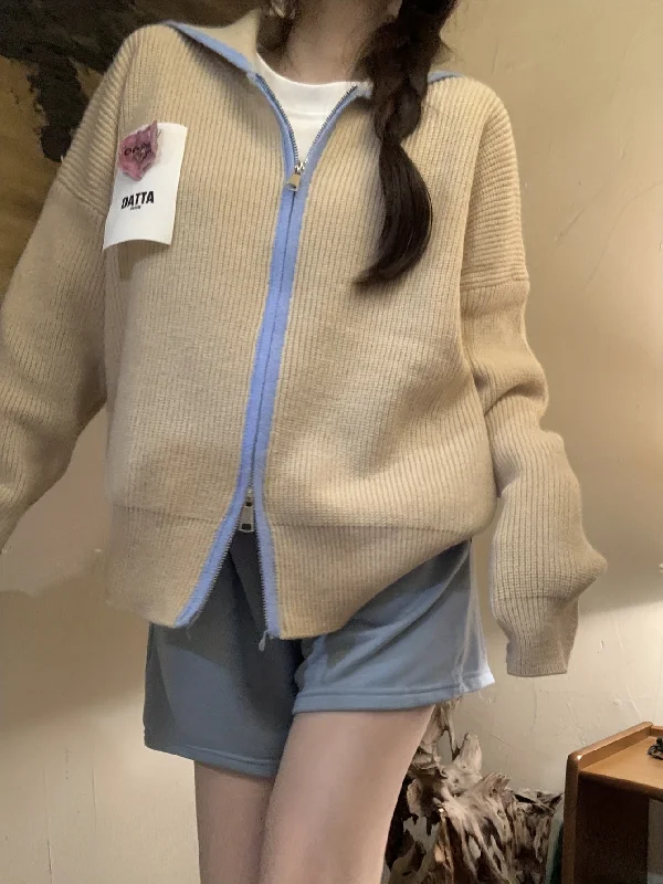 Weekend Price Cuts Galore Sixsr Color Block Zip Up Knit Cardigan, Casual Collared Long Sleeve Loose Sweater, Women's Clothing Weekend Price Cuts Galore Sixsr Color Block Zip Up Knit Cardigan, Casual Collared Long Sleeve Loose Sweater, Women's Clothing