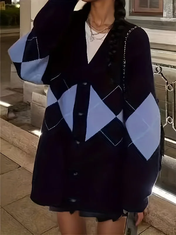 Weekend Specials to Relish Sixsr Geo Pattern Button Down Knit Cardigan, Preppy Long Sleeve Oversized Versatile Sweater, Women's Clothing Weekend Specials to Relish Sixsr Geo Pattern Button Down Knit Cardigan, Preppy Long Sleeve Oversized Versatile Sweater, Women's Clothing