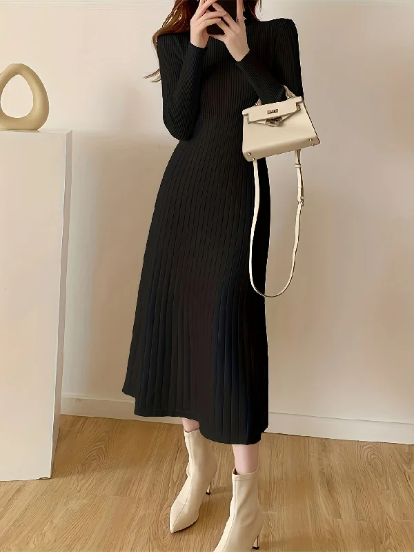 Weekend Discounts to Delight Sixsr Mock Neck Ribbed Dress, Casual Solid Long Sleeve Midi Dress, Women's Clothing Weekend Discounts to Delight Sixsr Mock Neck Ribbed Dress, Casual Solid Long Sleeve Midi Dress, Women's Clothing