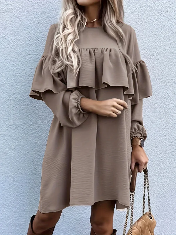 Unbeatable Prices Sixsr Ruffle Decor Lantern Sleeve Dress, Casual Crew Neck Loose Dress For Spring & Fall, Women's Clothing Unbeatable Prices Sixsr Ruffle Decor Lantern Sleeve Dress, Casual Crew Neck Loose Dress For Spring & Fall, Women's Clothing
