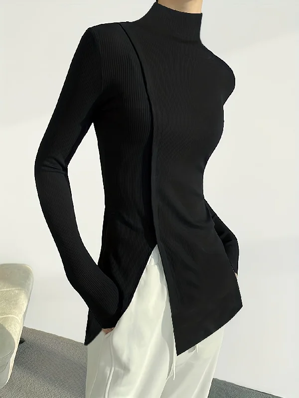 Weekend Wonders Await! Sixsr Solid Split Hem Mock Neck Top, Elegant Long Sleeve T-Shirt For Spring & Fall, Women's Clothing Weekend Wonders Await! Sixsr Solid Split Hem Mock Neck Top, Elegant Long Sleeve T-Shirt For Spring & Fall, Women's Clothing