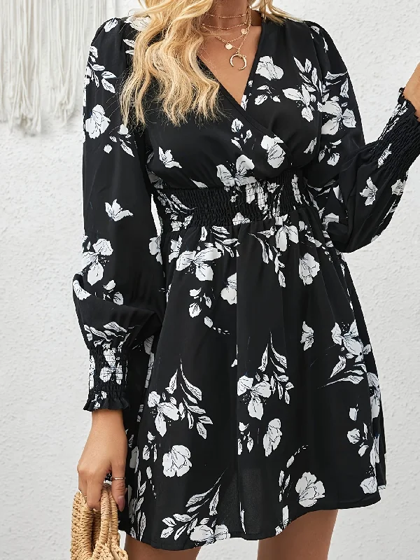 Your Weekend, Your Savings Sixsr Floral Print Surplice Neck Slim Dress, Elegant Long Sleeve Shirred High Waist Dress For Spring & Fall, Women's Clothing Your Weekend, Your Savings Sixsr Floral Print Surplice Neck Slim Dress, Elegant Long Sleeve Shirred High Waist Dress For Spring & Fall, Women's Clothing