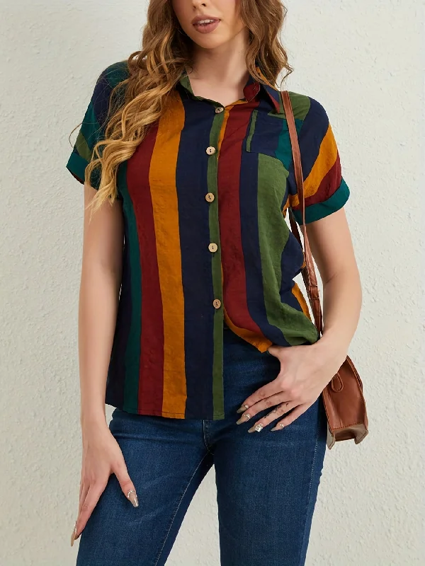 Shop Now Sixsr Striped Button Front Blouse, Casual Short Sleeve Blouse For Spring & Summer, Women's Clothing