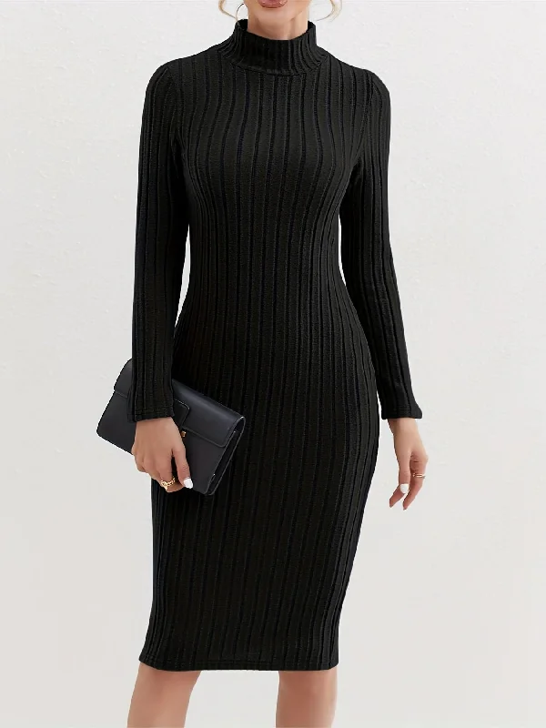 Weekend Discounts You Deserve Sixsr Ribbed High Neck Dress, Elegant Solid Long Sleeve Bodycon Dress, Women's Clothing Weekend Discounts You Deserve Sixsr Ribbed High Neck Dress, Elegant Solid Long Sleeve Bodycon Dress, Women's Clothing
