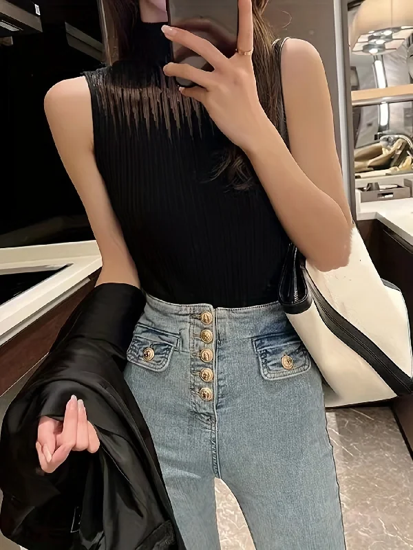 Weekend Price Cuts Galore Sixsr Ribbed Sleeveless Turtleneck Tank Top, Casual Contrast Mesh Tank Top For Spring & Summer, Women's Clothing Weekend Price Cuts Galore Sixsr Ribbed Sleeveless Turtleneck Tank Top, Casual Contrast Mesh Tank Top For Spring & Summer, Women's Clothing