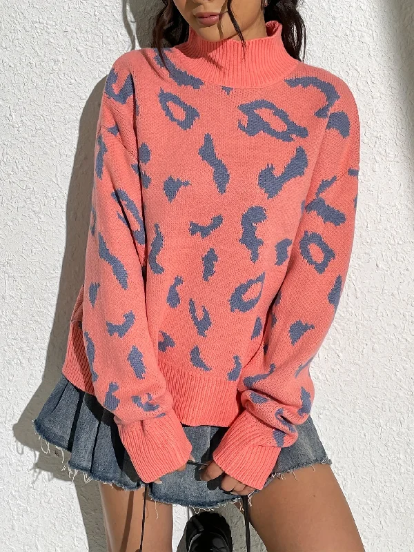 Weekend Bargains to Snag Sixsr Leopard Turtle Neck Pullover Sweater, Casual Long Sleeve Drop Shoulder Sweater, Women's Clothing Weekend Bargains to Snag Sixsr Leopard Turtle Neck Pullover Sweater, Casual Long Sleeve Drop Shoulder Sweater, Women's Clothing