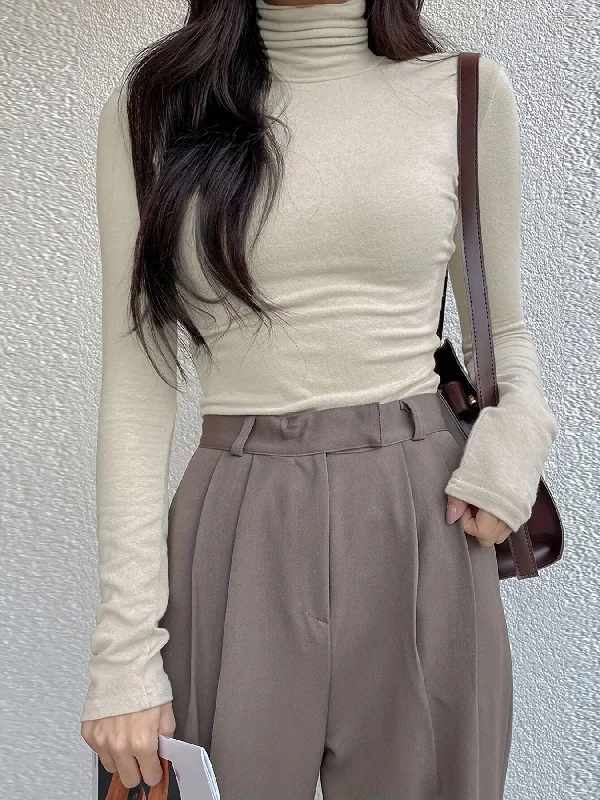 Can't Resist Sixsr Solid Turtle Neck Slim T-Shirt, Casual Long Sleeve T-Shirt For Spring & Fall, Women's Clothing Can't Resist Sixsr Solid Turtle Neck Slim T-Shirt, Casual Long Sleeve T-Shirt For Spring & Fall, Women's Clothing