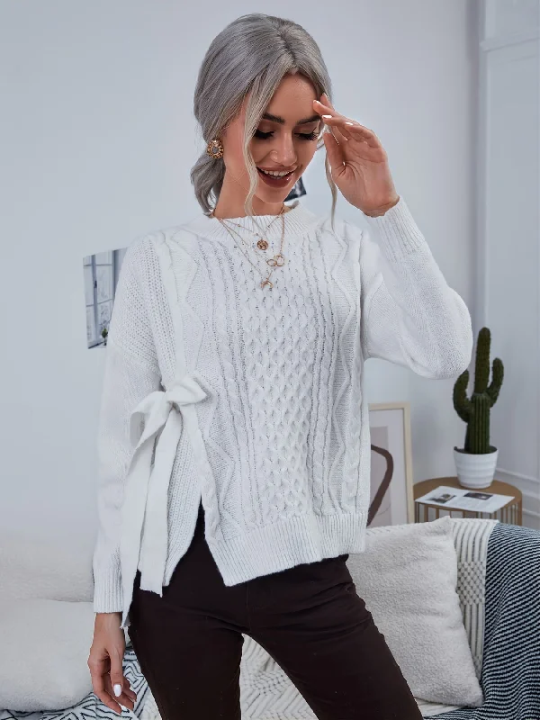 Sale Alert Sixsr Cable Slit Lace Up Sweater, Casual Crew Neck Long Sleeve Loose Fall Winter Knit Sweater, Women's Clothing Sale Alert Sixsr Cable Slit Lace Up Sweater, Casual Crew Neck Long Sleeve Loose Fall Winter Knit Sweater, Women's Clothing