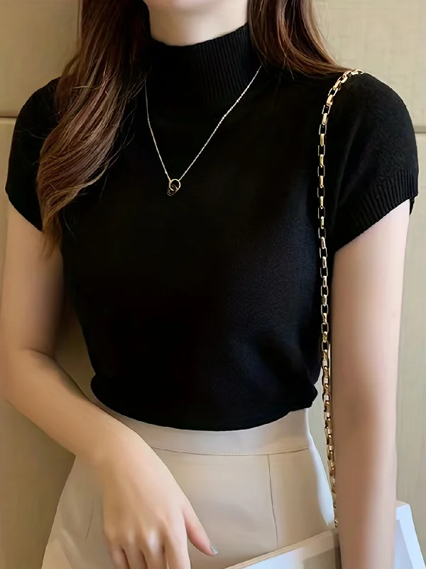Weekend Discounts to Celebrate Sixsr Solid Mock Neck Knit Sweater, Casual Short Sleeve Sweater, Women's Clothing