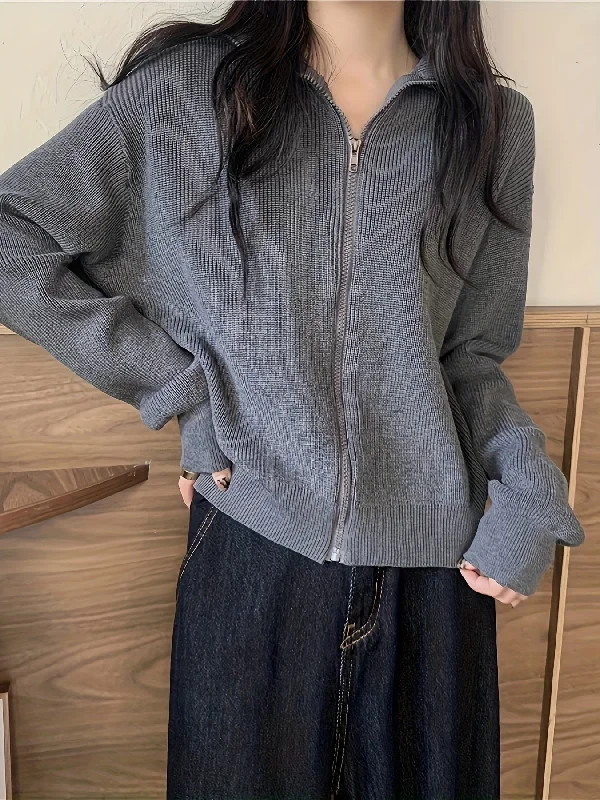 Online Deal Sixsr Solid Zip Up Knit Cardigan, Casual Turndown Collar Long Sleeve Sweater, Women's Clothing Online Deal Sixsr Solid Zip Up Knit Cardigan, Casual Turndown Collar Long Sleeve Sweater, Women's Clothing