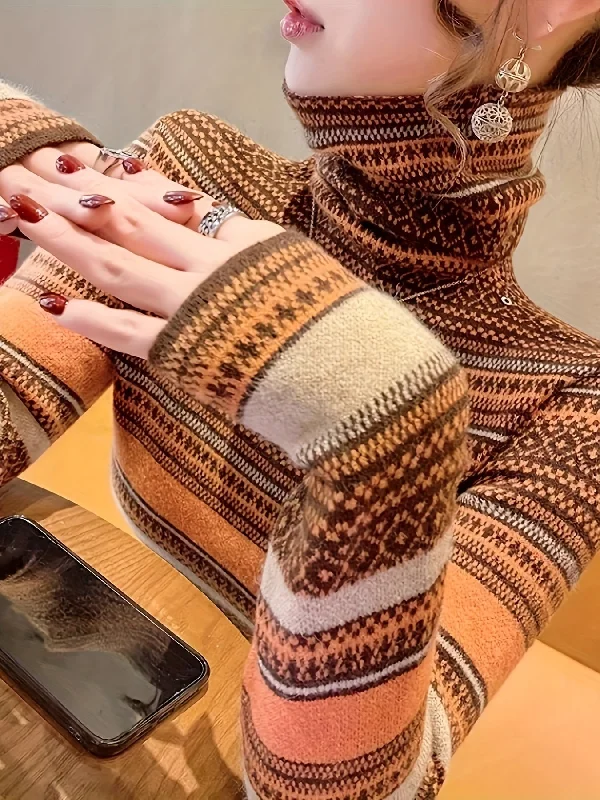 Midnight Sale Sixsr Stripes Print Turtle Neck Pullover Sweater, Elegant Long Sleeve Knitted Sweater For Fall & Winter, Women's Clothing
