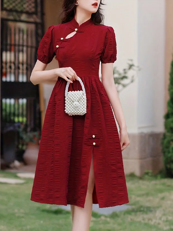 Special Offer Sixsr Ruched Split Dress, Elegant Solid Puff Sleeve Midi Dress, Women's Clothing Special Offer Sixsr Ruched Split Dress, Elegant Solid Puff Sleeve Midi Dress, Women's Clothing