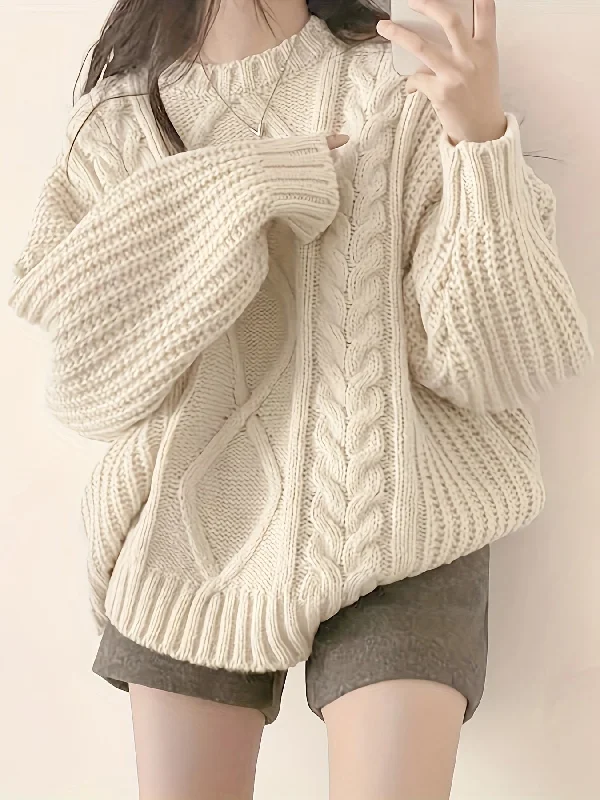 Overstock Clearance Sixsr Solid Cable Crew Neck Pullover Sweater, Elegant Long Sleeve Drop Shoulder Sweater, Women's Clothing Overstock Clearance Sixsr Solid Cable Crew Neck Pullover Sweater, Elegant Long Sleeve Drop Shoulder Sweater, Women's Clothing