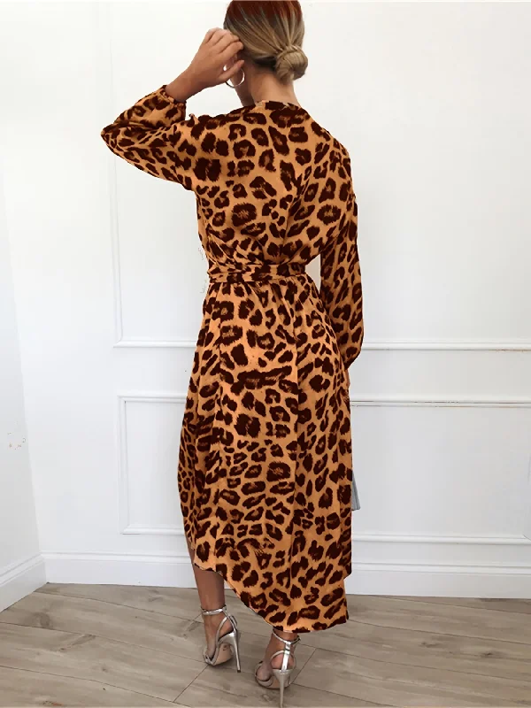 Mega Sale Sixsr Leopard Print V Neck Long Sleeve Dress, Mature Irregular Split High Waist Maxi Dress, Women's Clothing Mega Sale Sixsr Leopard Print V Neck Long Sleeve Dress, Mature Irregular Split High Waist Maxi Dress, Women's Clothing