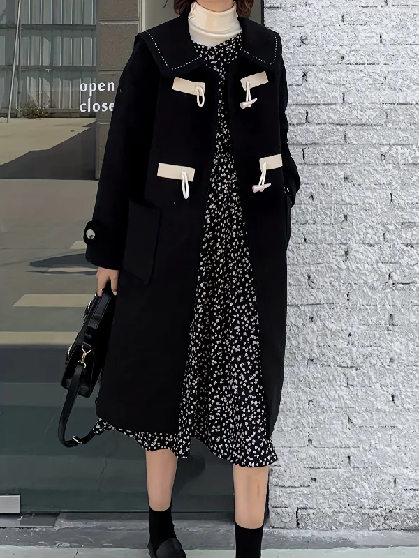 Mega Sale Sixsr Peter Pan Collar Patched Pockets Overcoat, Preppy Long Sleeve Button Front Overcoat, Women's Clothing Mega Sale Sixsr Peter Pan Collar Patched Pockets Overcoat, Preppy Long Sleeve Button Front Overcoat, Women's Clothing