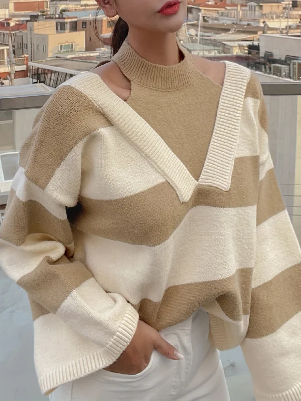 Weekend Bargains to Love Sixsr Striped Cut Out Loose Pullover Sweater, Casual Mock Neck Long Sleeve Sweater, Women's Clothing
