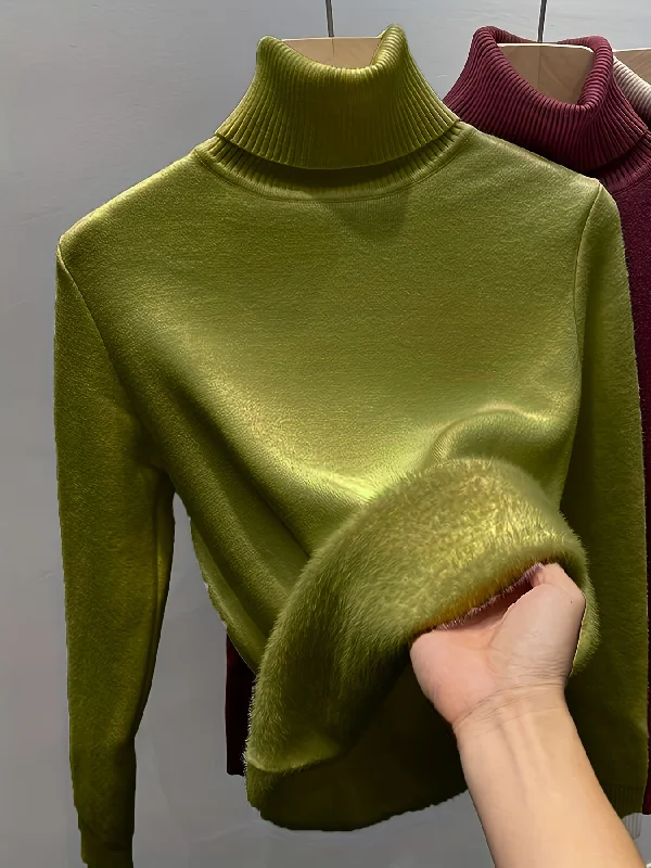 Savings Soar This Weekend Sixsr Solid Turtle Neck Fleece Pullover Sweater, Elegant Long Sleeve Slim Thermal Sweater, Women's Clothing
