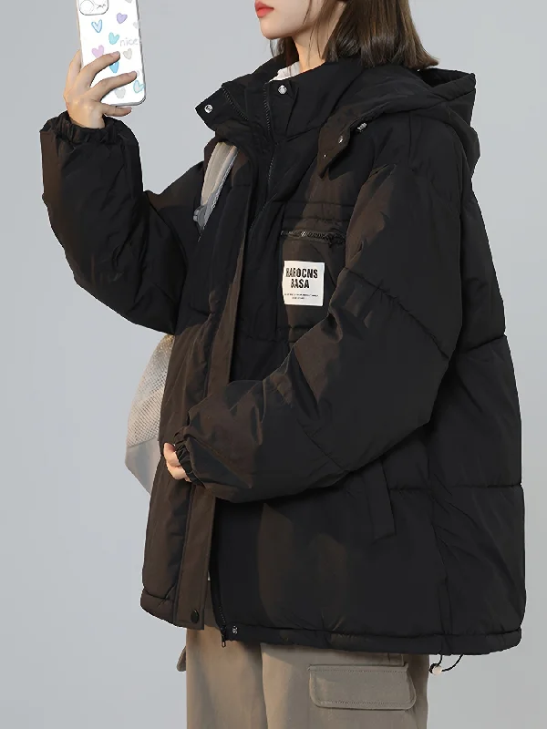 Weekend Savings Bonanza Sixsr Letter Label Patched Hooded Coat, Versatile Long Sleeve Zipper Thermal Coat, Women's Clothing Weekend Savings Bonanza Sixsr Letter Label Patched Hooded Coat, Versatile Long Sleeve Zipper Thermal Coat, Women's Clothing