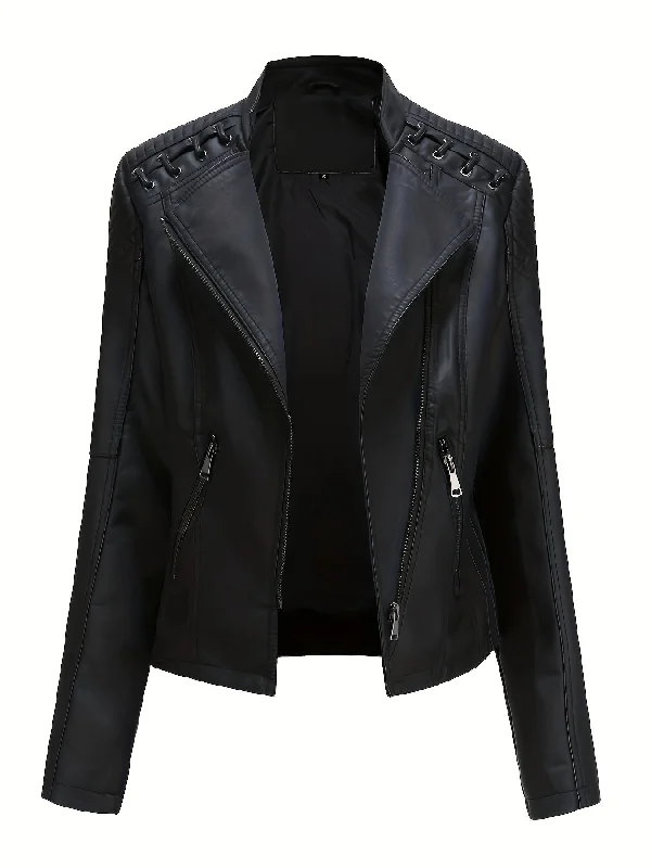 Weekend Bargains Await You Sixsr Zipper Faux Leather Jacket, Casual Solid Long Sleeve Outerwear, Women's Clothing