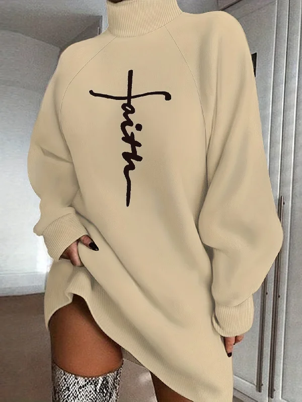 Best Choice Sixsr Faith Print Turtleneck Dress, Casual Loose Long Sleeve Dress, Women's Clothing Best Choice Sixsr Faith Print Turtleneck Dress, Casual Loose Long Sleeve Dress, Women's Clothing