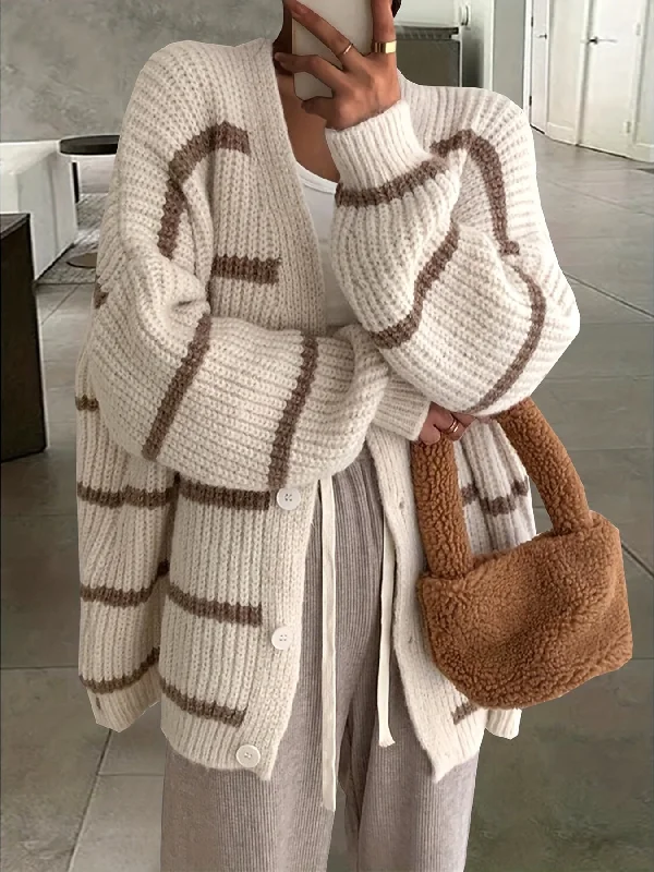 Best Seller Sixsr Striped Button Down Knit Cardigan, Casual Long Sleeve Oversized Sweater, Women's Clothing Best Seller Sixsr Striped Button Down Knit Cardigan, Casual Long Sleeve Oversized Sweater, Women's Clothing