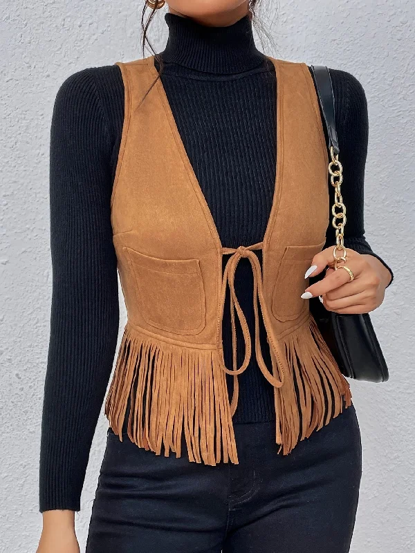 Half Price Sixsr Tassel Tie Front Solid Vest, Elegant Sleeveless Stylish Vest, Women's Clothing Half Price Sixsr Tassel Tie Front Solid Vest, Elegant Sleeveless Stylish Vest, Women's Clothing