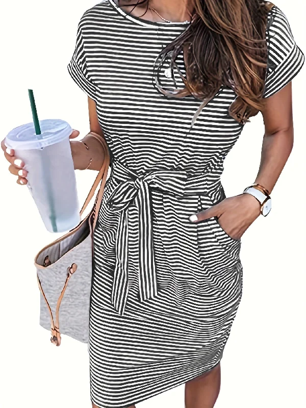 Weekend Wonders Await! Sixsr Striped Round Neck Slim Dress, Casual Buttons Belt Waist Summer Short Sleeve T Shirt Dresses, Women's Clothing Weekend Wonders Await! Sixsr Striped Round Neck Slim Dress, Casual Buttons Belt Waist Summer Short Sleeve T Shirt Dresses, Women's Clothing