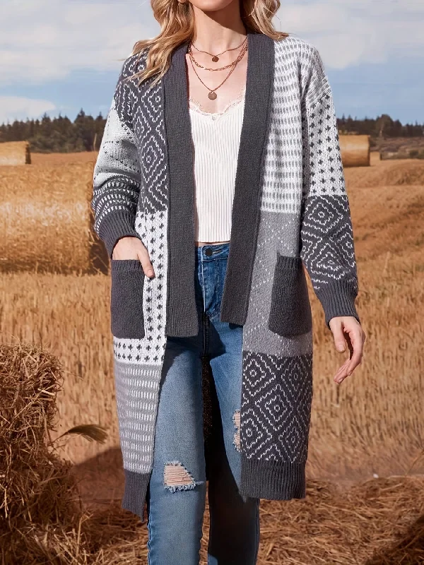 Weekend Savings Fiesta Sixsr Color Block Open Front Cardigan, Casual Long Sleeve Cardigan For Fall & Winter, Women's Clothing Weekend Savings Fiesta Sixsr Color Block Open Front Cardigan, Casual Long Sleeve Cardigan For Fall & Winter, Women's Clothing
