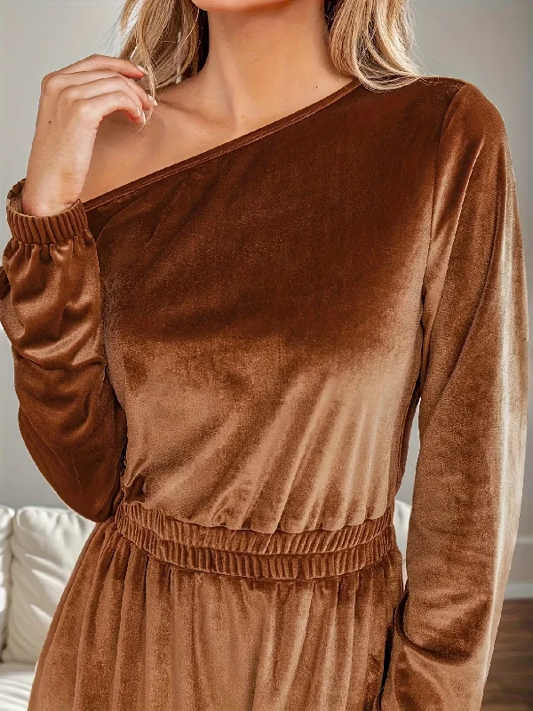 Weekend Bargains to Snag Sixsr Solid Velvet One-shoulder Dress, Casual Long Sleeve Cinched Waist Ruffle Hem Dress For Spring & Fall, Women's Clothing Weekend Bargains to Snag Sixsr Solid Velvet One-shoulder Dress, Casual Long Sleeve Cinched Waist Ruffle Hem Dress For Spring & Fall, Women's Clothing