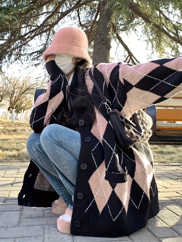 Weekend Bargains Await You Sixsr Argyle Print Button Front Knit Cardigan, Vintage V Neck Long Sleeve Sweater, Women's Clothing Weekend Bargains Await You Sixsr Argyle Print Button Front Knit Cardigan, Vintage V Neck Long Sleeve Sweater, Women's Clothing