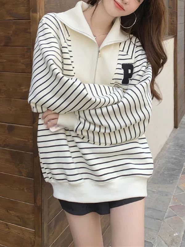 Deal Alert Sixsr Letter Patch Striped Print Sweatshirt, Casual Long Sleeve Quarter Zip Sweatshirt For Fall & Winter, Women's Clothing Deal Alert Sixsr Letter Patch Striped Print Sweatshirt, Casual Long Sleeve Quarter Zip Sweatshirt For Fall & Winter, Women's Clothing