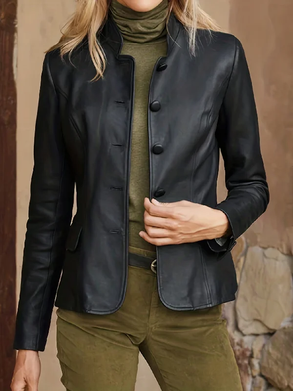 Exclusive Offer Sixsr Solid Button Front Jacket, Elegant Long Sleeve Pu Leather Outwear, Women's Clothing Exclusive Offer Sixsr Solid Button Front Jacket, Elegant Long Sleeve Pu Leather Outwear, Women's Clothing