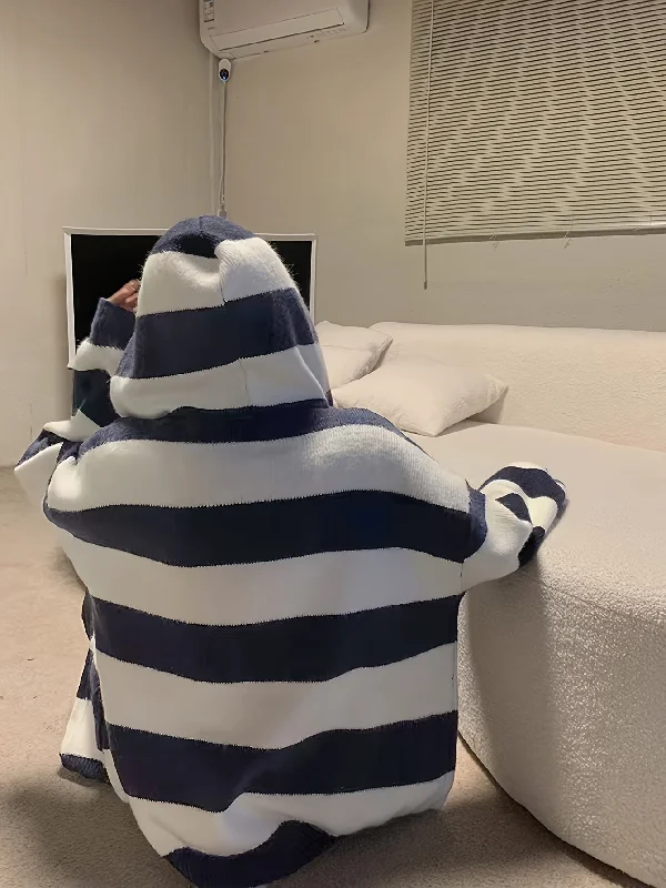 Bargain Alert Sixsr Striped Zip Up Drawstring Hooded Sweater, Casual Long Sleeve Loose Sweater With Pocket, Women's Clothing