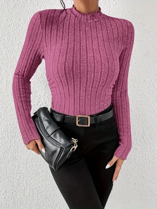 Weekend Bargains to Celebrate Sixsr Long Sleeve Ribbed Knit T-Shirt, High Neck Elegant Casual Top For Fall & Spring, Women's Clothing Weekend Bargains to Celebrate Sixsr Long Sleeve Ribbed Knit T-Shirt, High Neck Elegant Casual Top For Fall & Spring, Women's Clothing