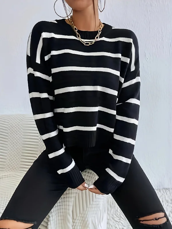 Unwind with Weekend Discounts Sixsr Striped Crew Neck Pullover Sweater, Casual Long Sleeve Drop Shoulder Sweater, Women's Clothing Unwind with Weekend Discounts Sixsr Striped Crew Neck Pullover Sweater, Casual Long Sleeve Drop Shoulder Sweater, Women's Clothing