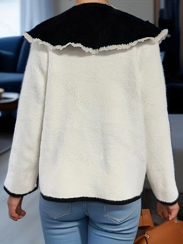 Price Slash Sixsr Color Block Button Down Knit Cardigan, Elegant Turndown Collar Long Sleeve Sweater With Pocket, Women's Clothing Price Slash Sixsr Color Block Button Down Knit Cardigan, Elegant Turndown Collar Long Sleeve Sweater With Pocket, Women's Clothing