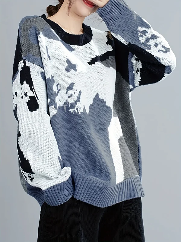 Weekend Discounts to Celebrate Sixsr Random Pattern Crew Neck Sweater, Casual Long Sleeve Sweater For Fall & Winter, Women's Clothing Weekend Discounts to Celebrate Sixsr Random Pattern Crew Neck Sweater, Casual Long Sleeve Sweater For Fall & Winter, Women's Clothing