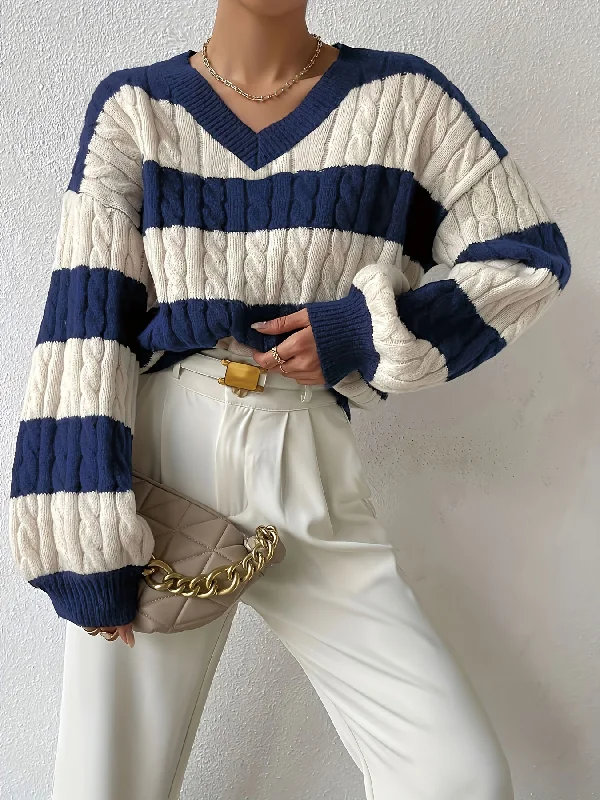 Weekend Offers That Excite Sixsr Color Block Drop Shoulder Sweater, Casual Long Sleeve Sweater For Fall & Winter, Women's Clothing