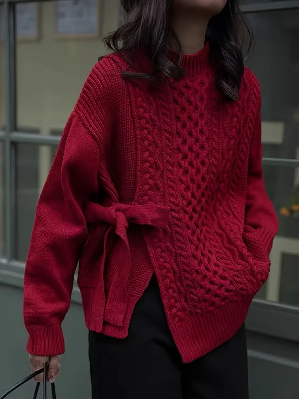 Hurry Up Sixsr Solid Lace Up Cable Knit Sweater, Casual Mock Neck Long Sleeve Loose Pullover Sweater, Women's Clothing Hurry Up Sixsr Solid Lace Up Cable Knit Sweater, Casual Mock Neck Long Sleeve Loose Pullover Sweater, Women's Clothing