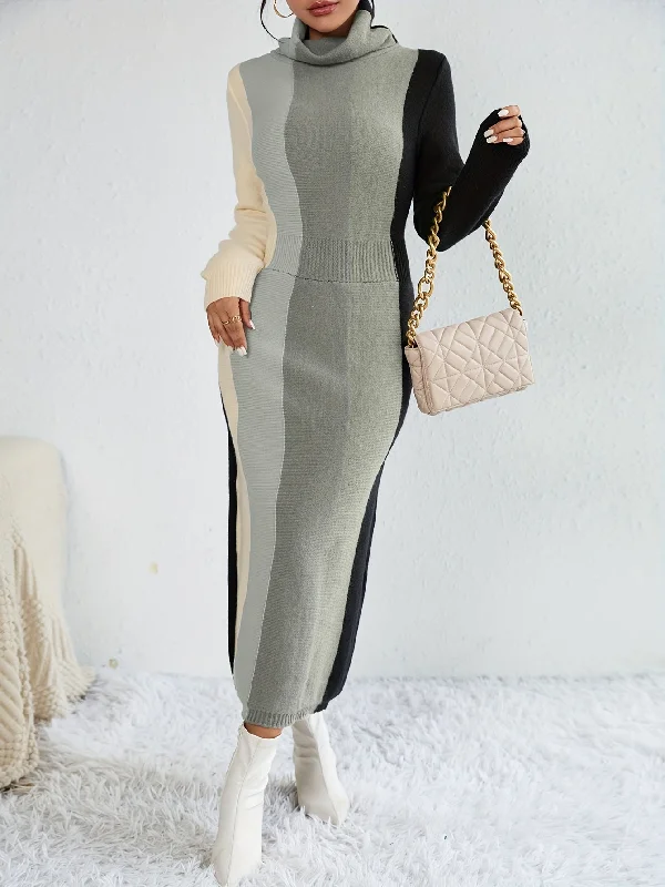 Weekend Savings Delight Sixsr Color Block Rib Knit Dress, Casual High Neck Long Sleeve Midi Dress, Women's Clothing Weekend Savings Delight Sixsr Color Block Rib Knit Dress, Casual High Neck Long Sleeve Midi Dress, Women's Clothing
