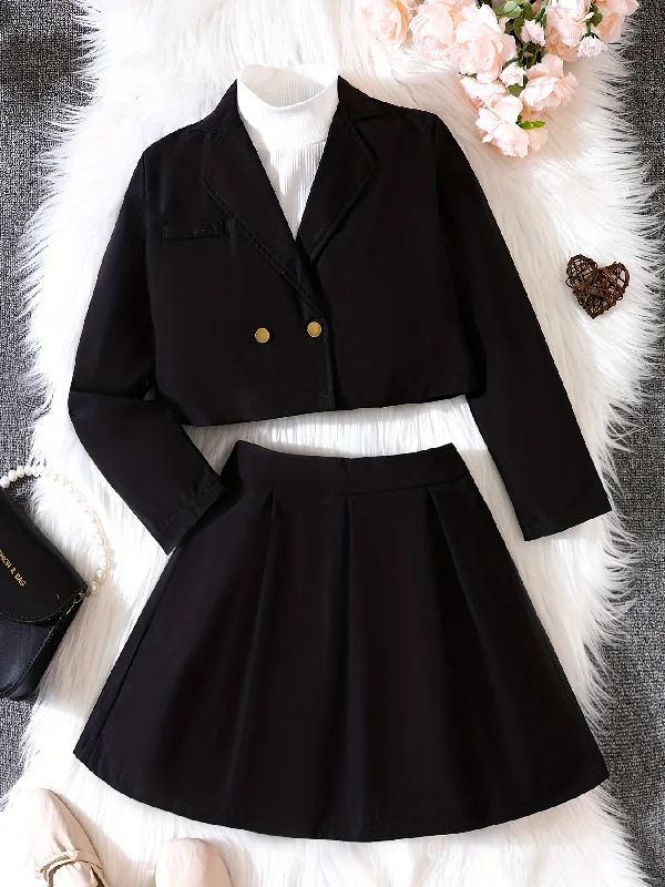Hurry In Sixsr Girls Trendy 2pc Cropped Long Sleeve Blazer & Solid Skirt, Preppy Style Kids Clothes For Party Fall Hurry In Sixsr Girls Trendy 2pc Cropped Long Sleeve Blazer & Solid Skirt, Preppy Style Kids Clothes For Party Fall