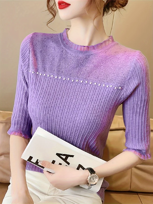 Reduced Rates Sixsr Beaded Lace Trin Knitted Top, Casual Short Sleeve Slim Sweater For Spring & Summer, Women's Clothing Reduced Rates Sixsr Beaded Lace Trin Knitted Top, Casual Short Sleeve Slim Sweater For Spring & Summer, Women's Clothing