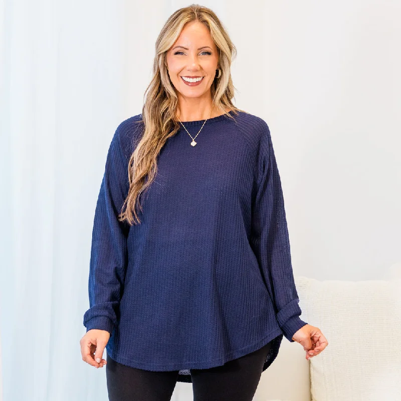 Don't Delay Curved Hem Slouchy Dolman Tunic, Navy Thermal