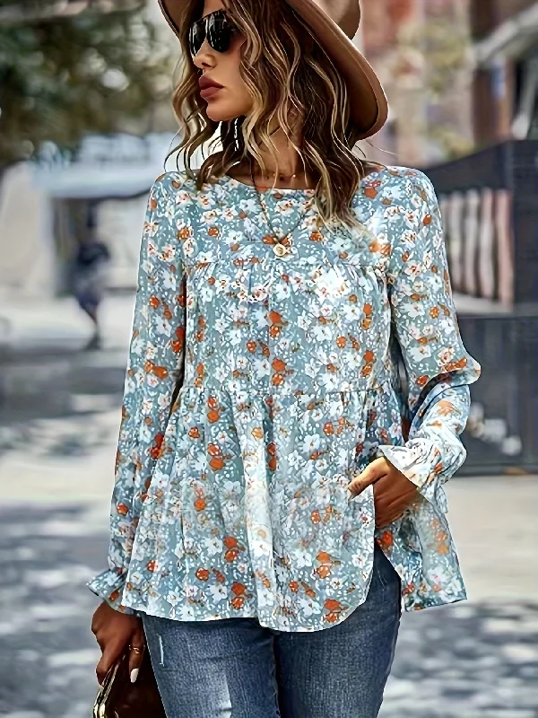 Stock Up Sixsr Floral Print Crew Neck Tiered Blouse, Casual Long Sleeve Blouse For Spring & Fall, Women's Clothing Stock Up Sixsr Floral Print Crew Neck Tiered Blouse, Casual Long Sleeve Blouse For Spring & Fall, Women's Clothing
